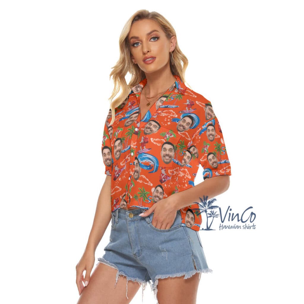 Christmas Santa Claus Hawaiian Cropped Shirt With Custom Face For Women