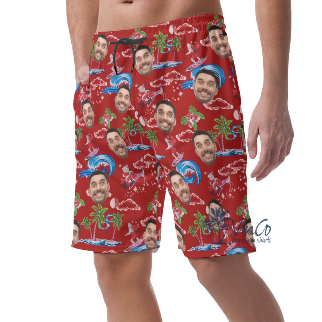 Christmas Santa Claus Surfing Custom Face Hawaiian Beach Shorts For Men