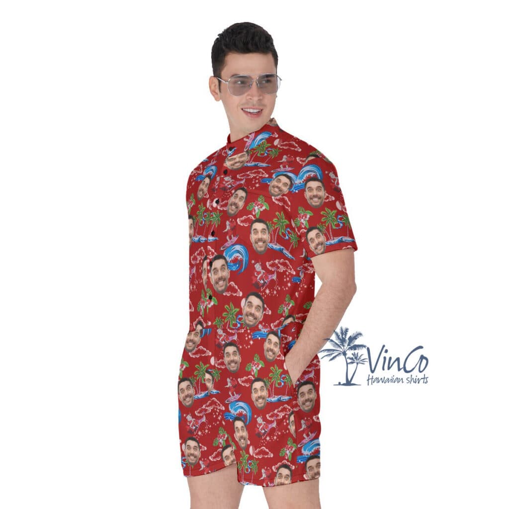 Christmas Santa Surfing Hawaiian Romper With Custom Face