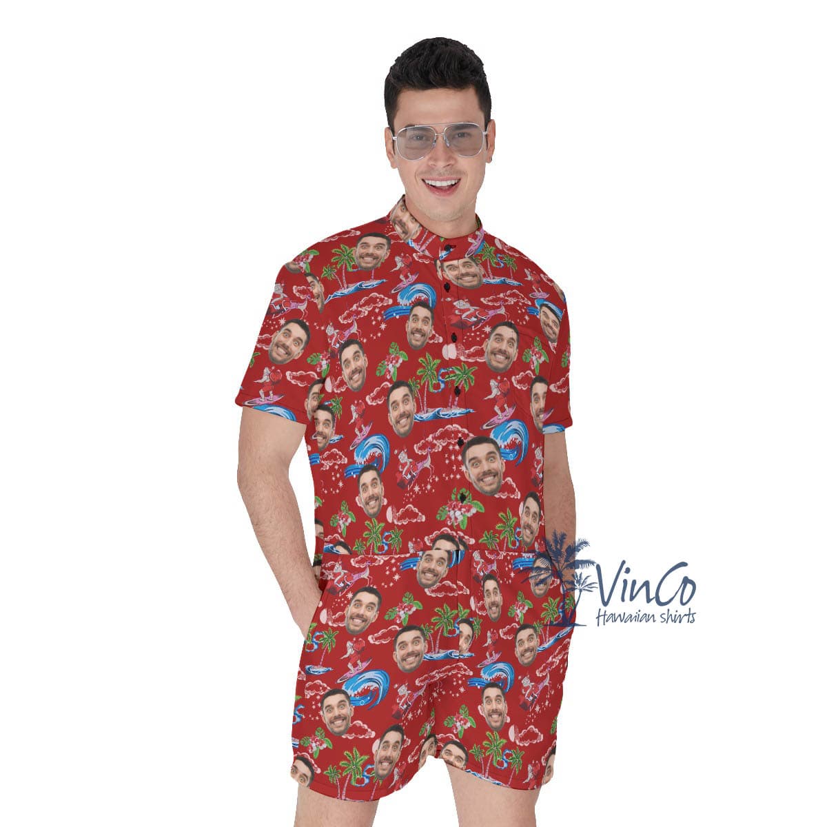 Christmas Santa Surfing Hawaiian Romper With Custom Face