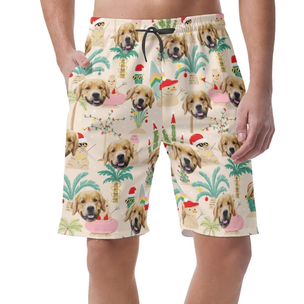 Christmas Snowman Custom Dog Face Hawaiian Beach Shorts For Men