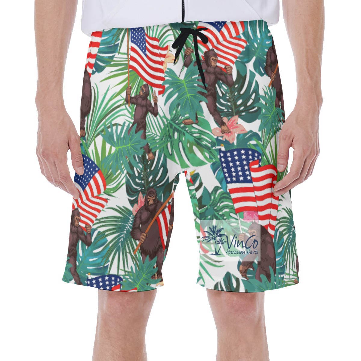 Cool Bigfoot USA Flag Hawaiian Swim Trunks For Men (2)