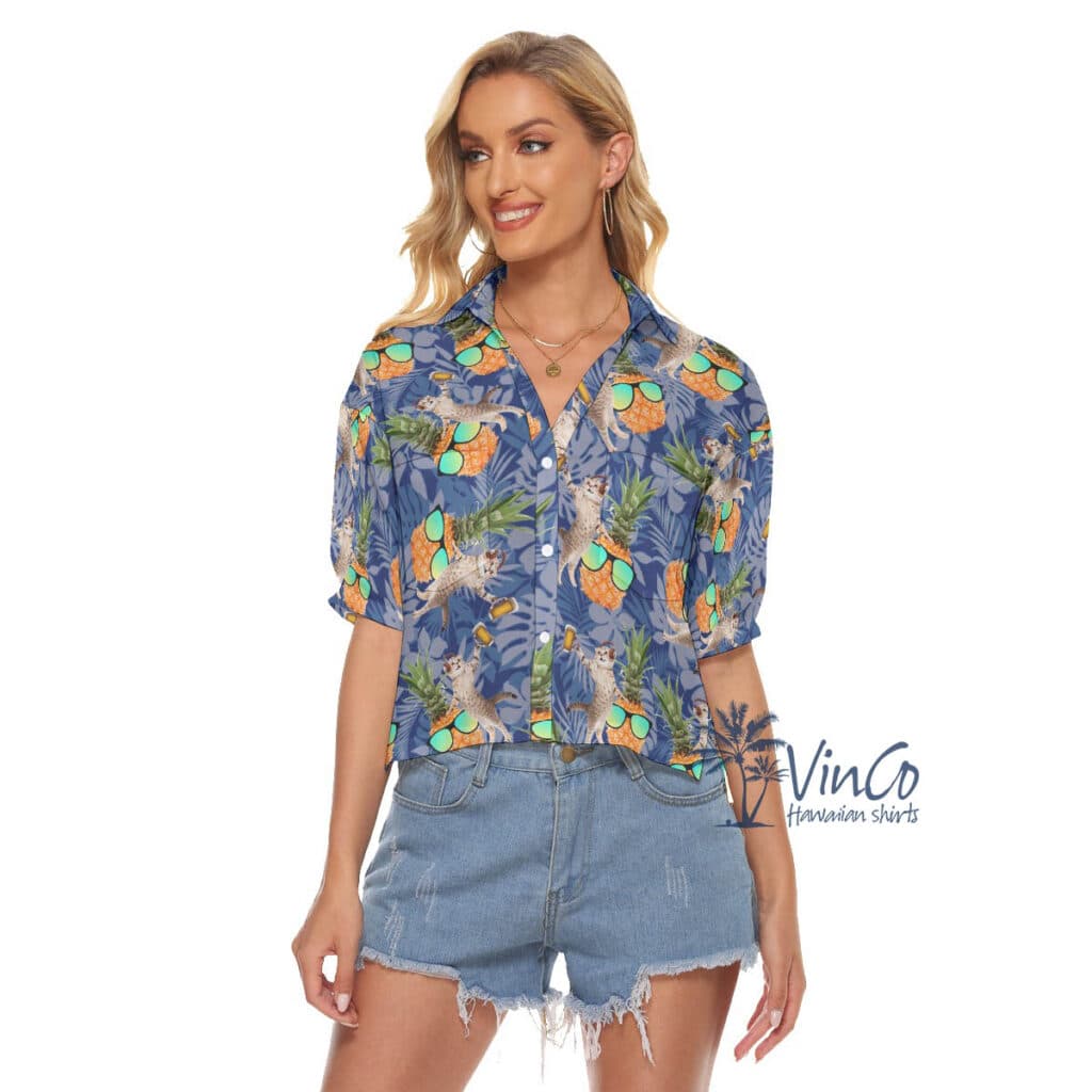 Cool Pineapple DJ Cat Hawaiian Crop Top Shirt For Women