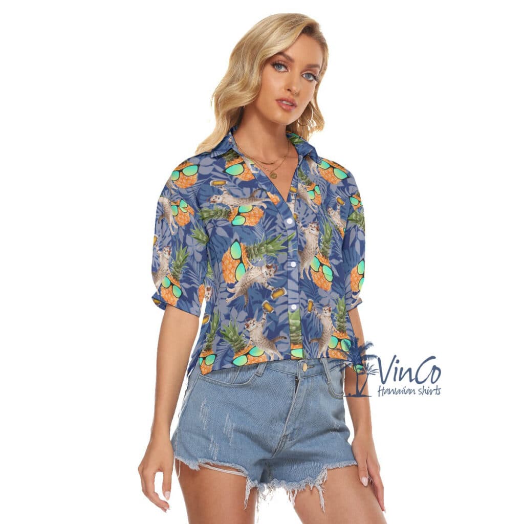 Cool Pineapple DJ Cat Hawaiian Crop Top Shirt For Women