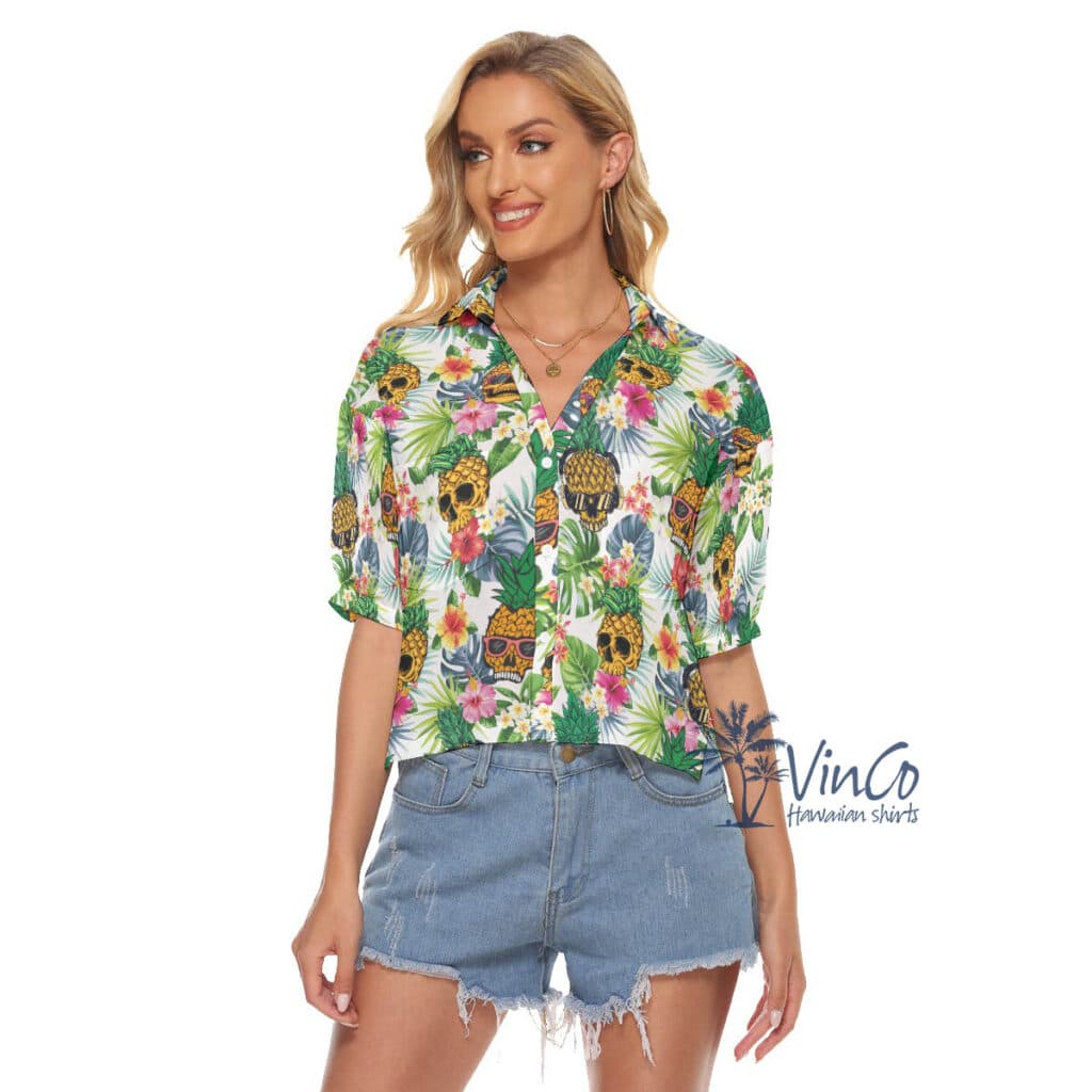 Cool Pineapple Skull Tropical Hawaiian Cropped Shirt For Women