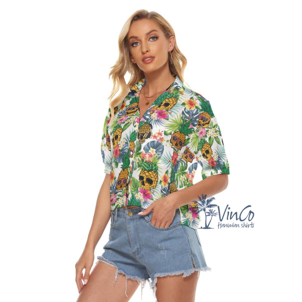 Cool Pineapple Skull Tropical Hawaiian Cropped Shirt For Women