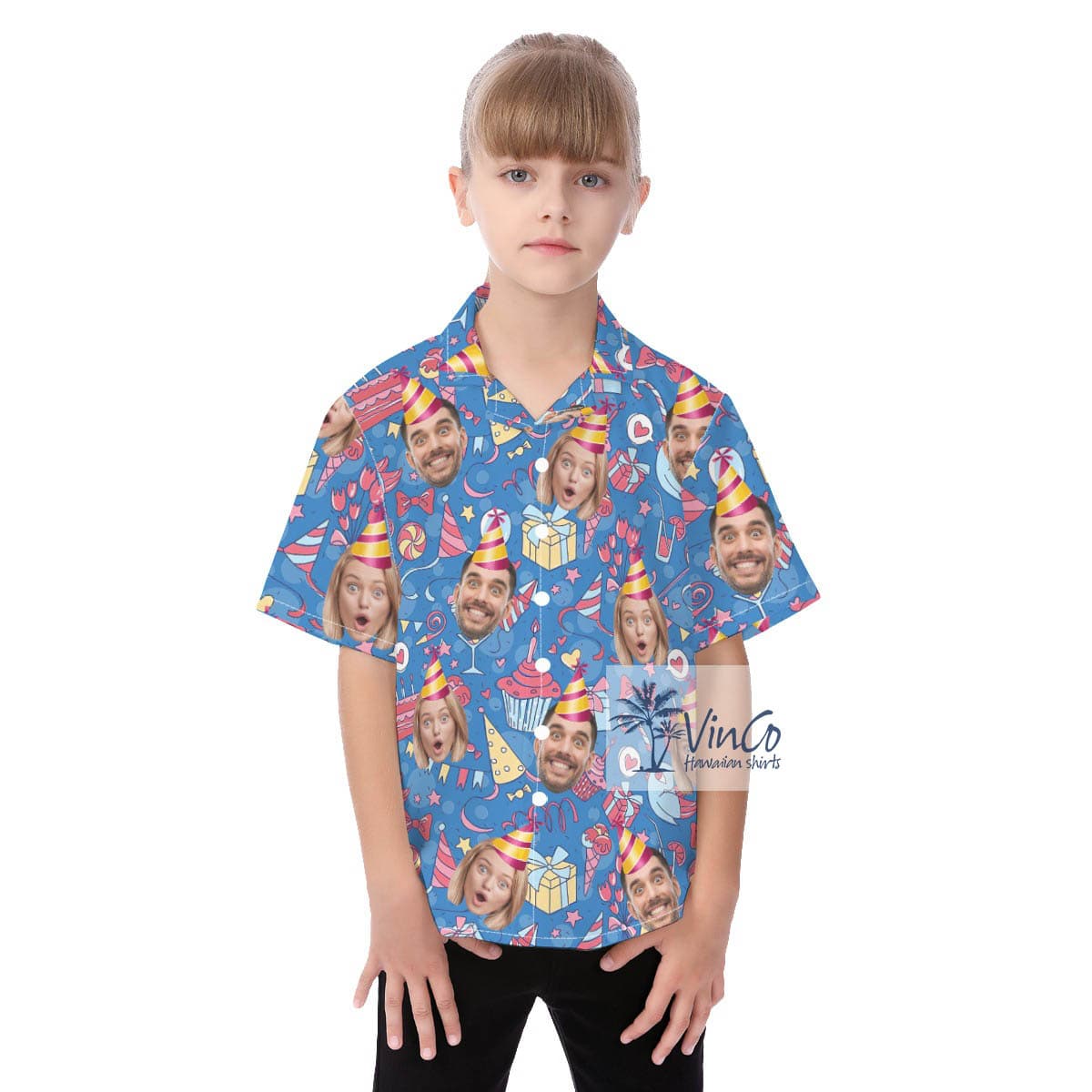 Custom 2 Faces Birthday Hawaiian Button Shirt For Kids (2)