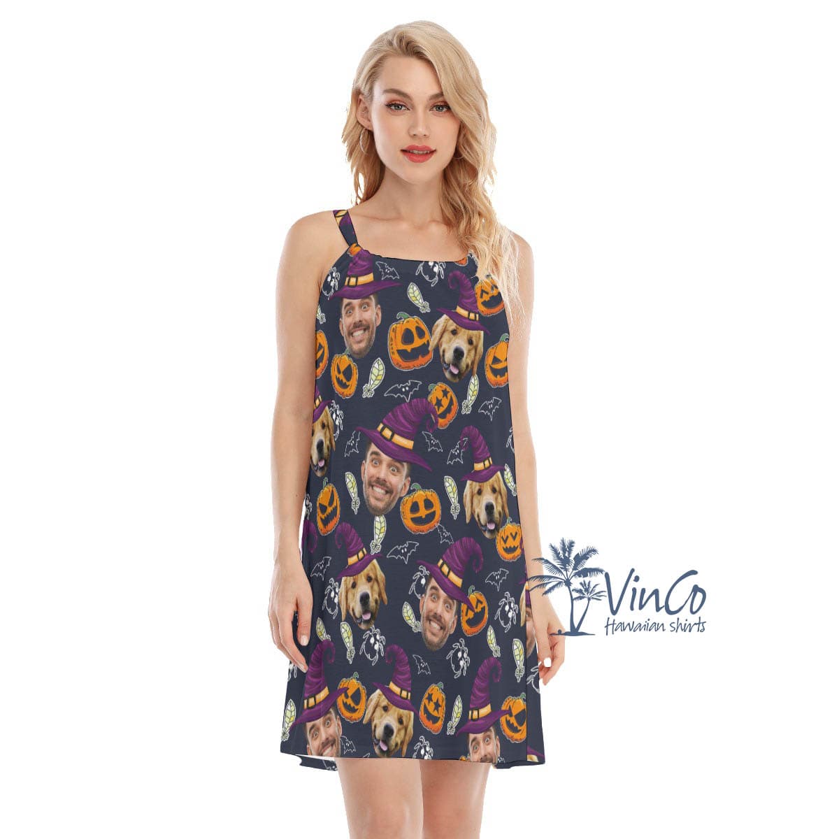 Custom 2 Faces Halloween Hawaiian Cami Dress For Women (4)