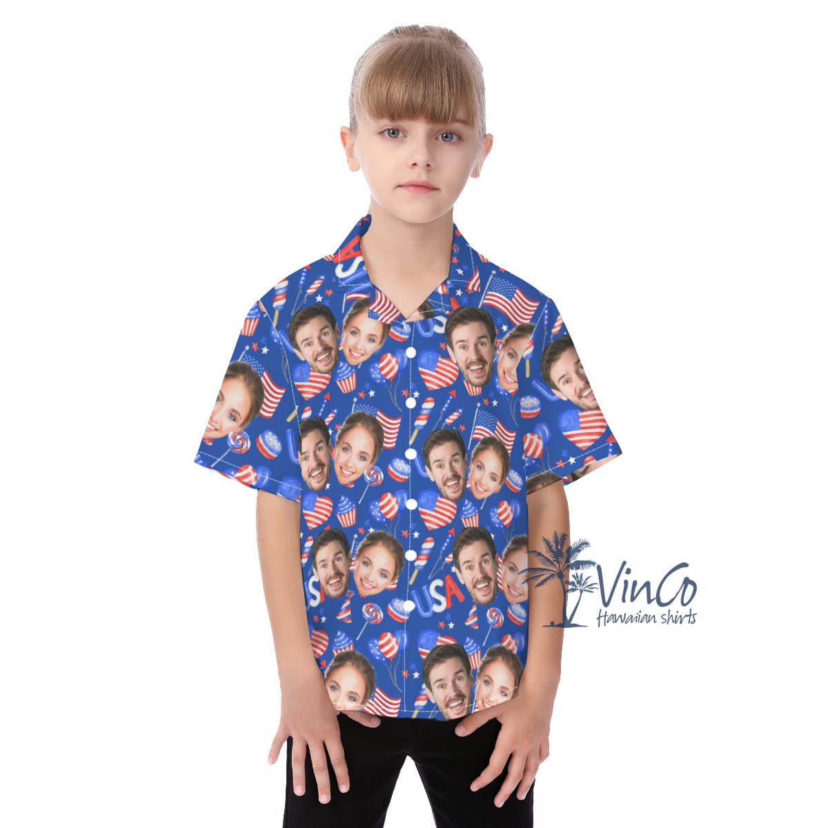 Custom 2 Faces Patriotic American Hawaiian Button Shirt For Kids (1)