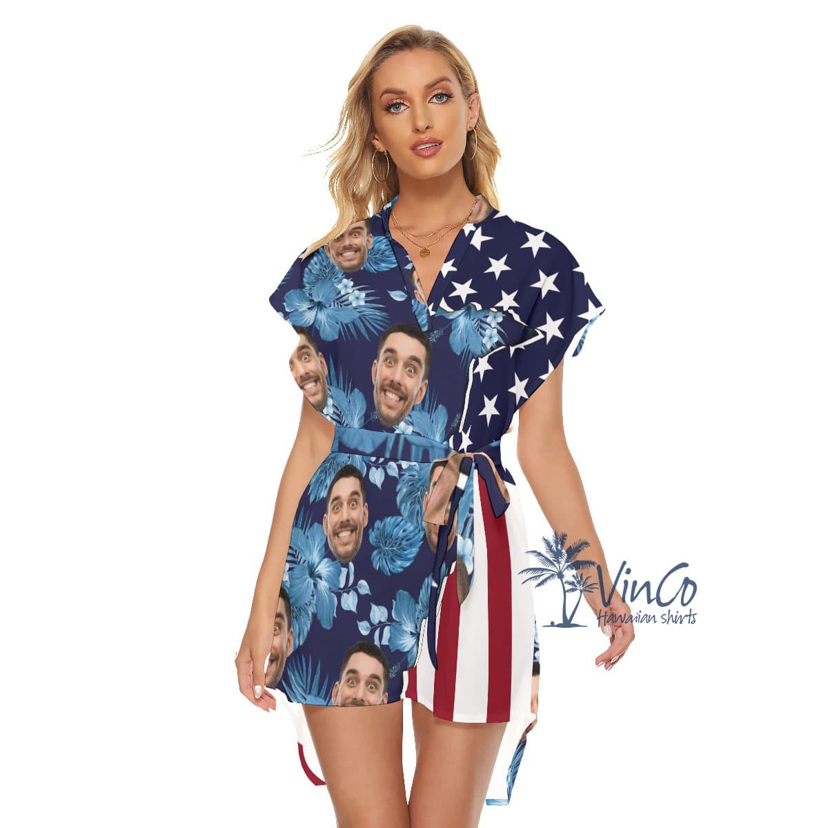 Custom American Flag Hibiscus Hawaiian Dress With Face (2)