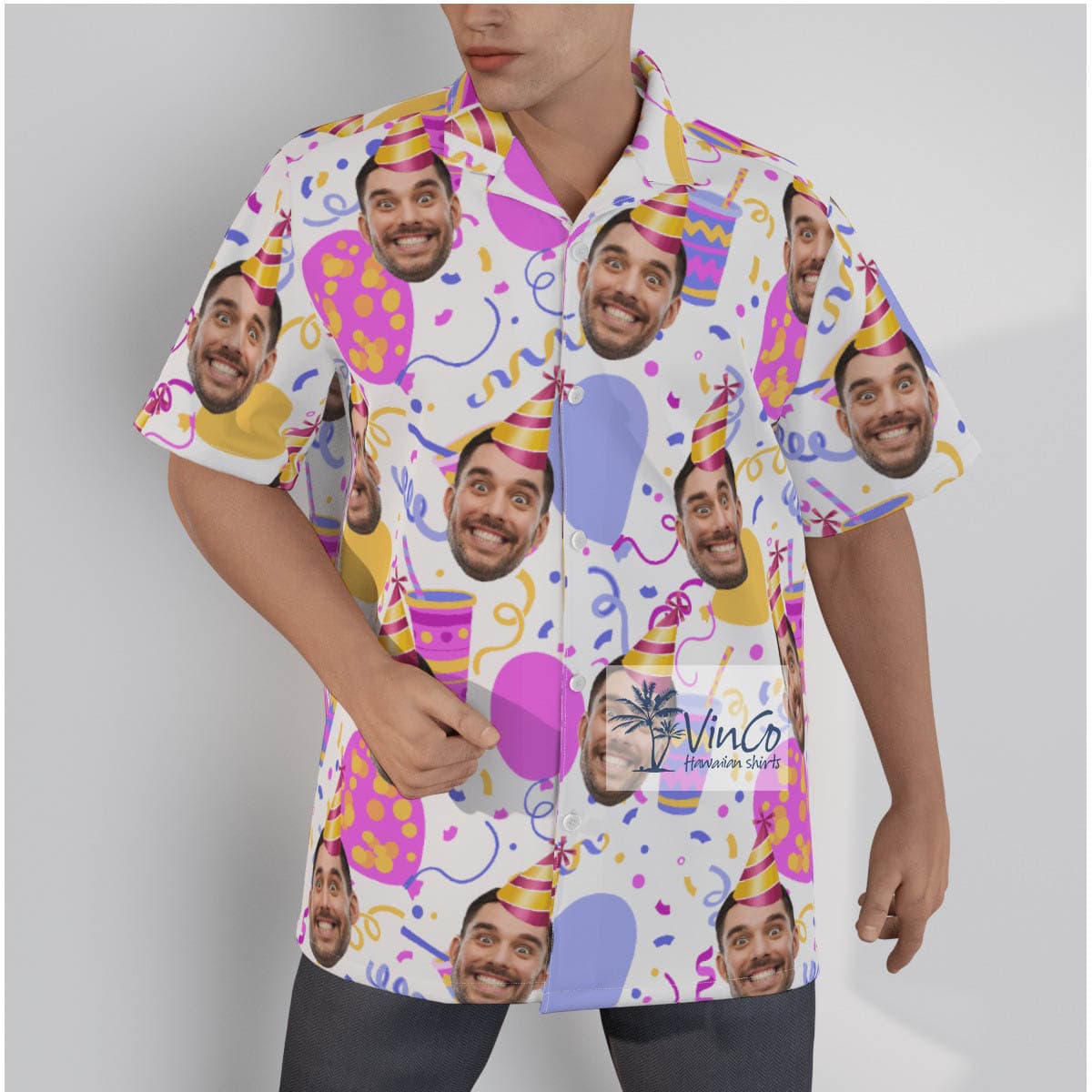 Custom Birthday Party Personalized Face Men’s Hawaiian Button Up Shirt (3)