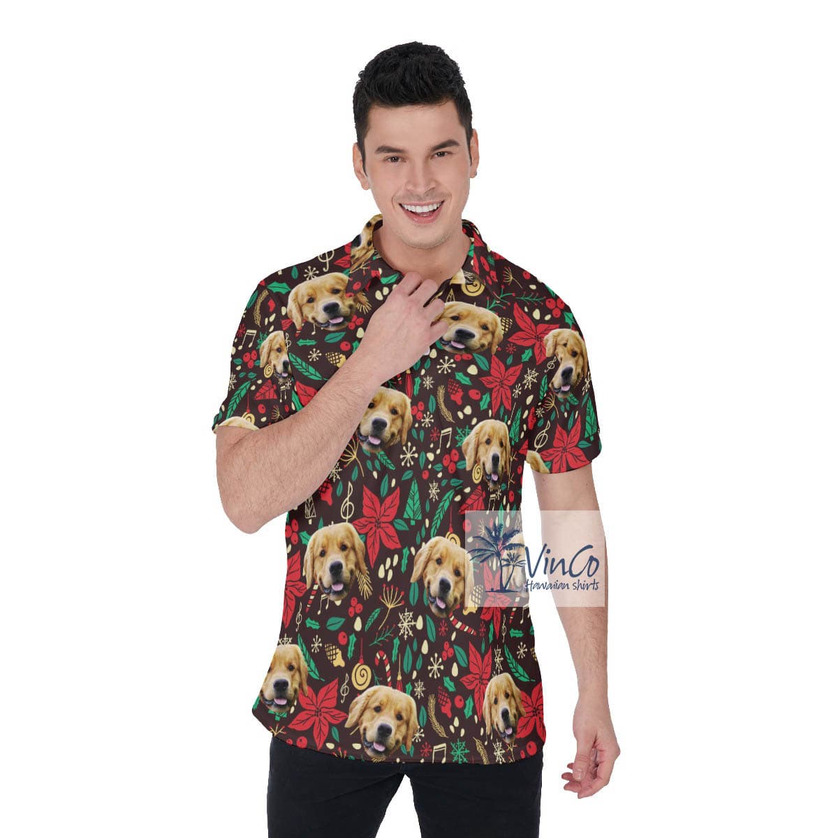 Custom Christmas Floral Hawaiian Golf Shirt With Dog Face