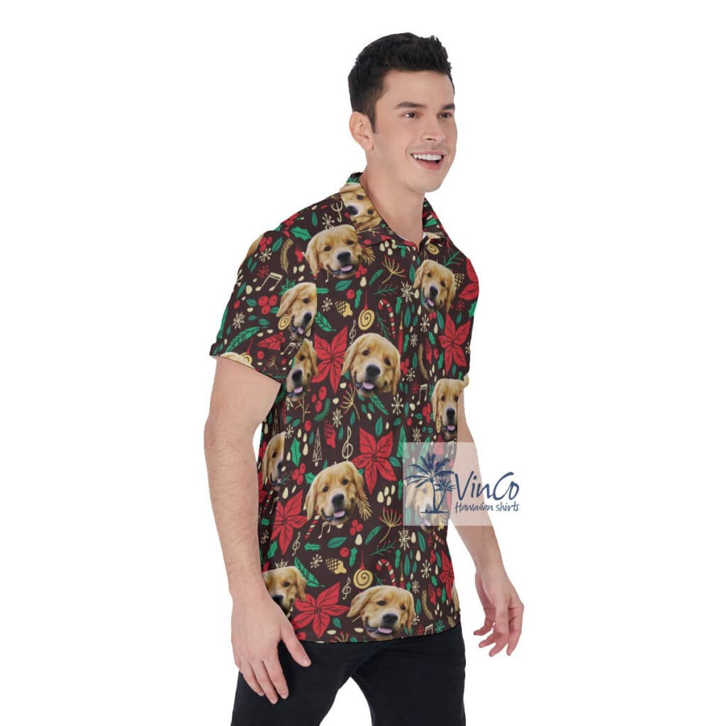 Custom Christmas Floral Hawaiian Golf Shirt With Dog Face