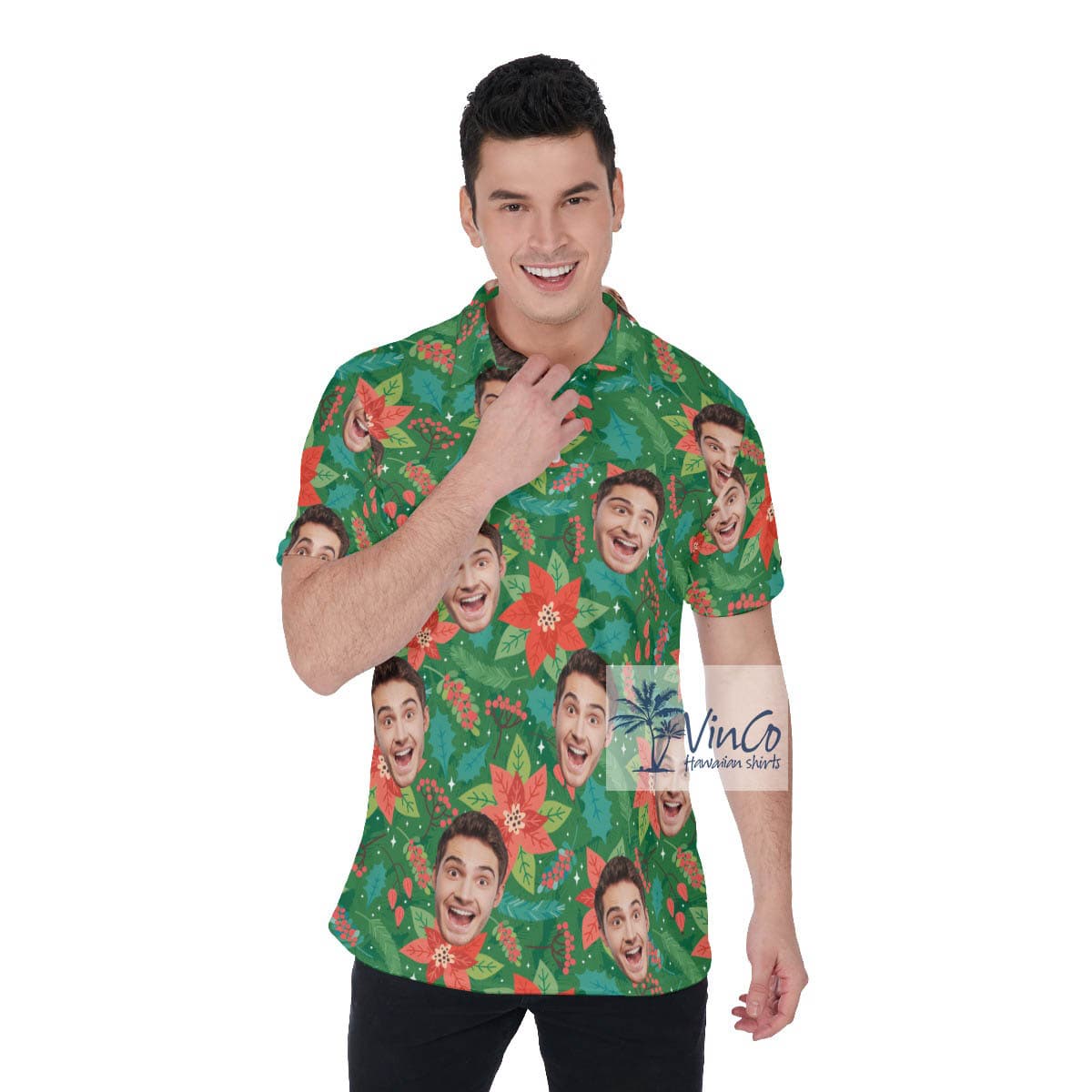 Custom Christmas Floral Hawaiian Polo Shirt With Face