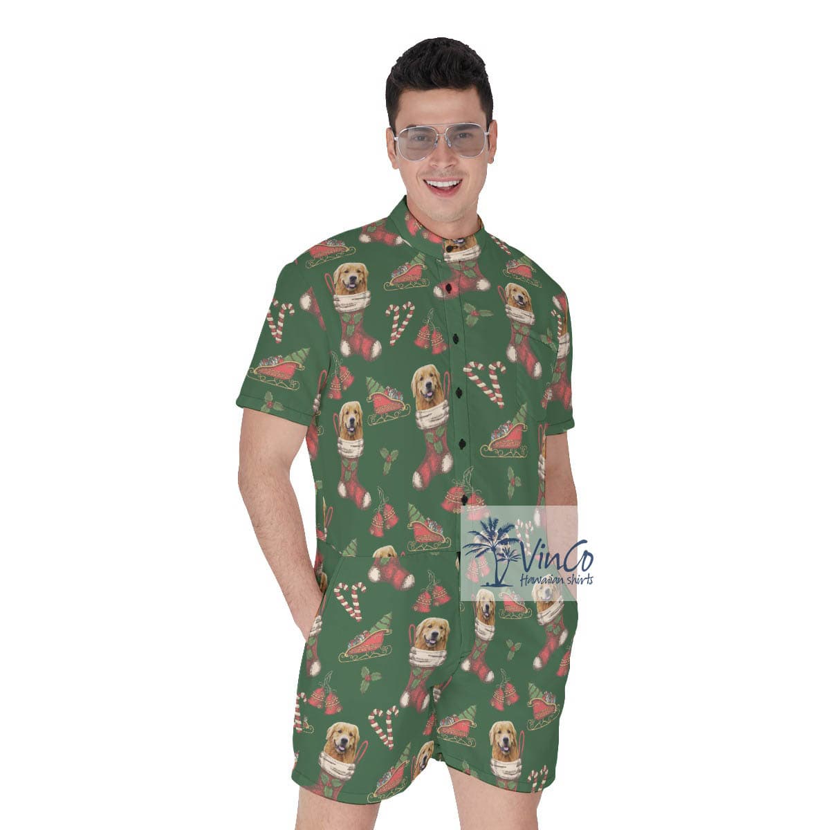 Custom Christmas Men's Hawaiian Romper With Dog Face