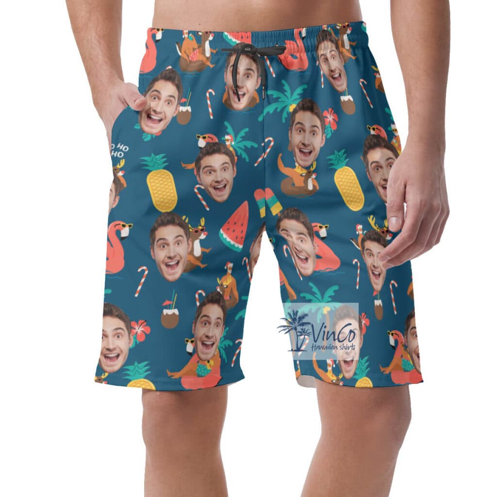 Custom Christmas Santa Claus Tropical Hawaiian Beach Shorts With Face