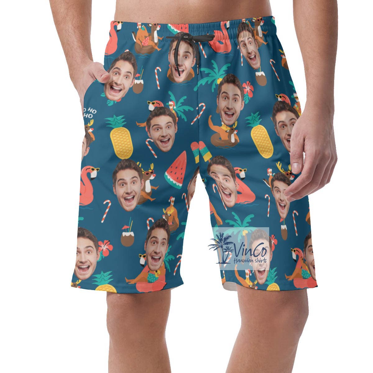 Custom Christmas Santa Claus Tropical Hawaiian Beach Shorts With Face