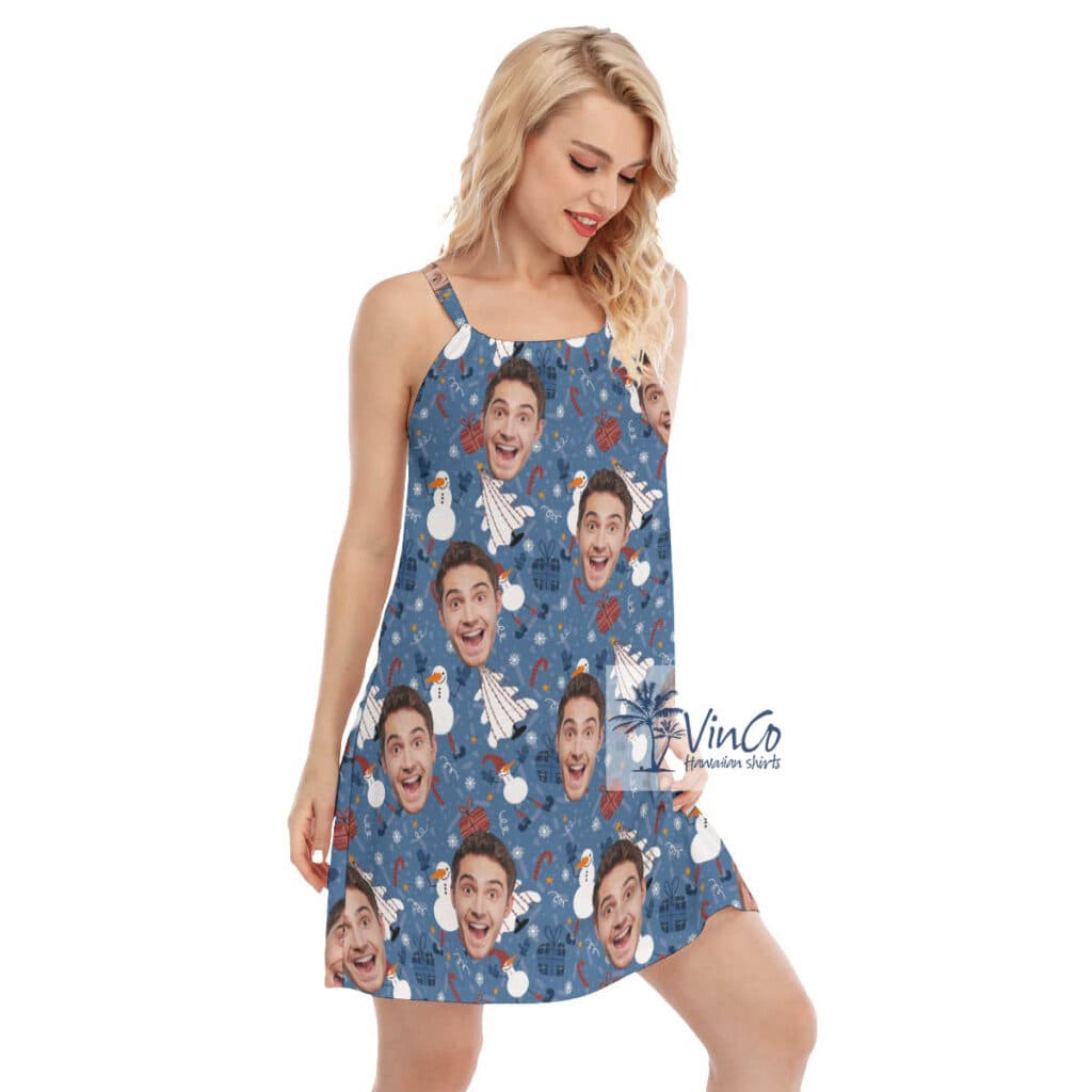 Custom Christmas Snowman Blue Hawaiian Dress With Face