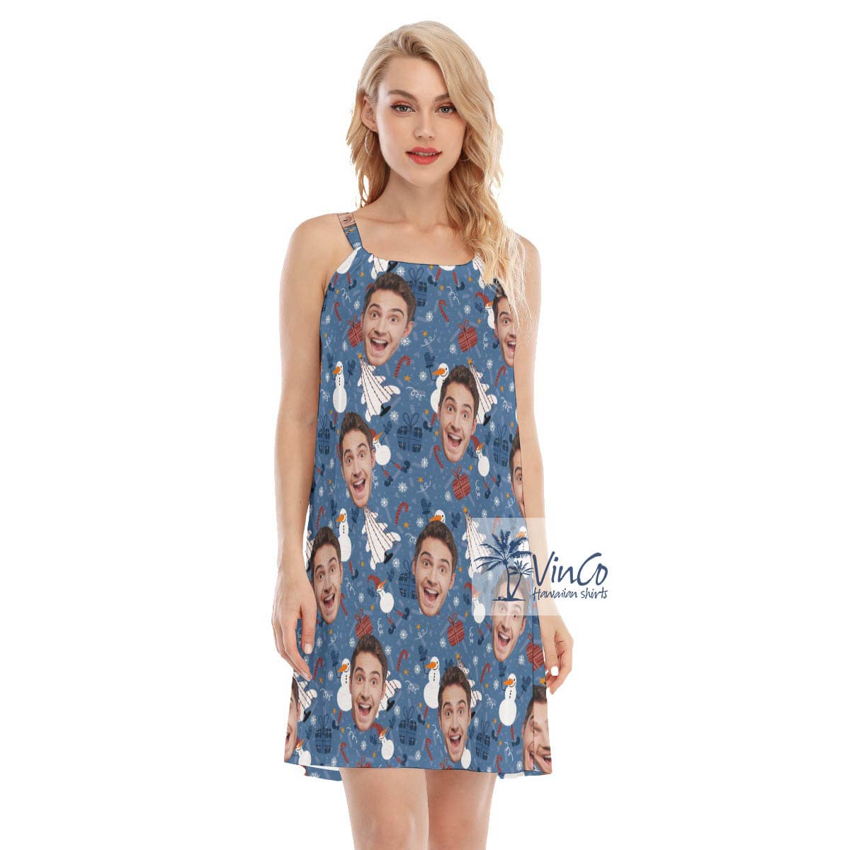 Custom Christmas Snowman Blue Hawaiian Dress With Face (4)