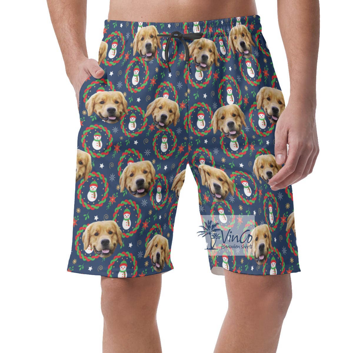 Custom Christmas Snowman Hawaiian Beach Shorts With Dog Face