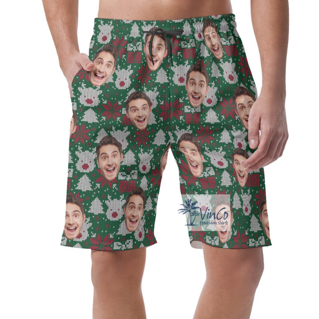 Custom Christmas Ugly Hawaiian Beach Shorts With Face