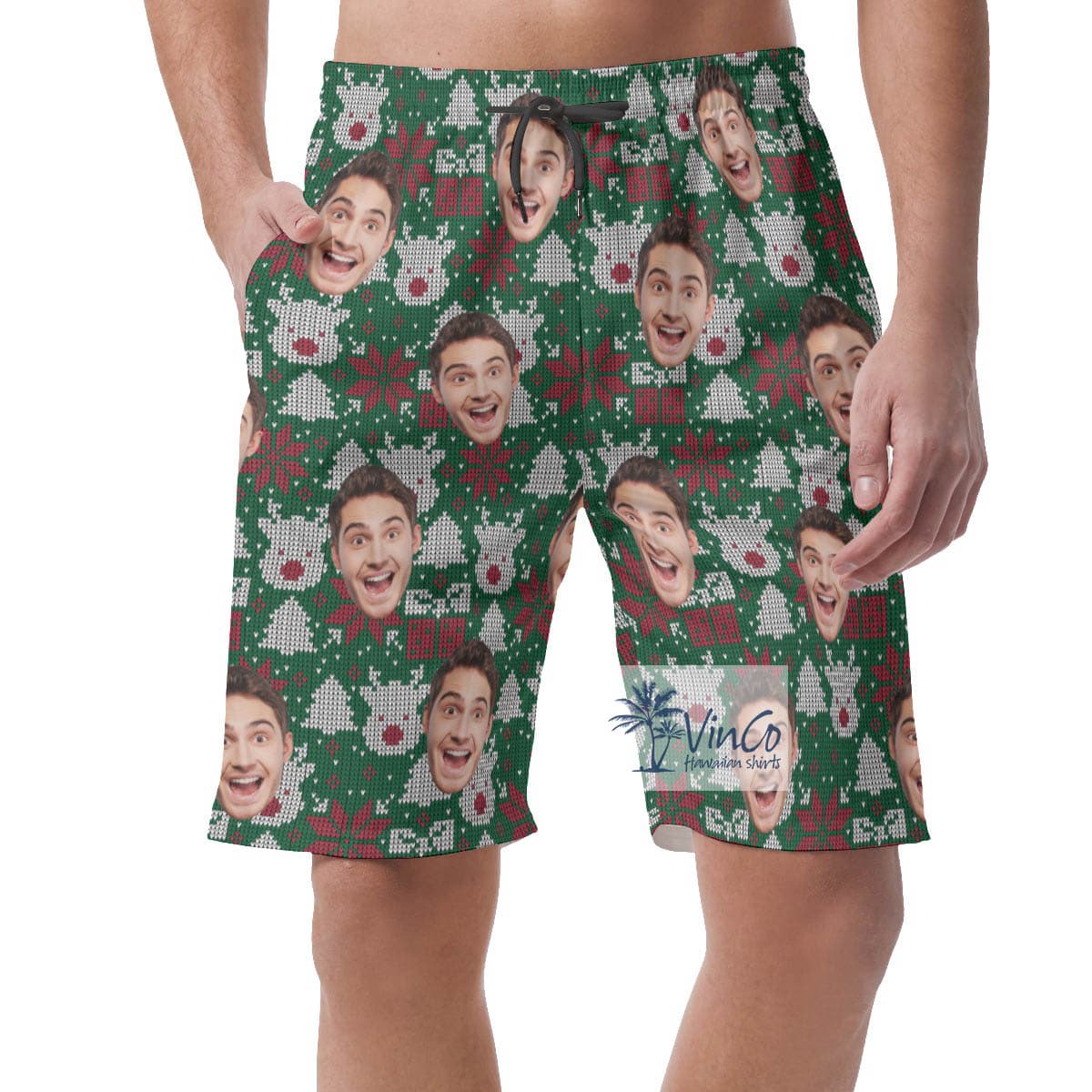 Custom Christmas Ugly Hawaiian Beach Shorts With Face