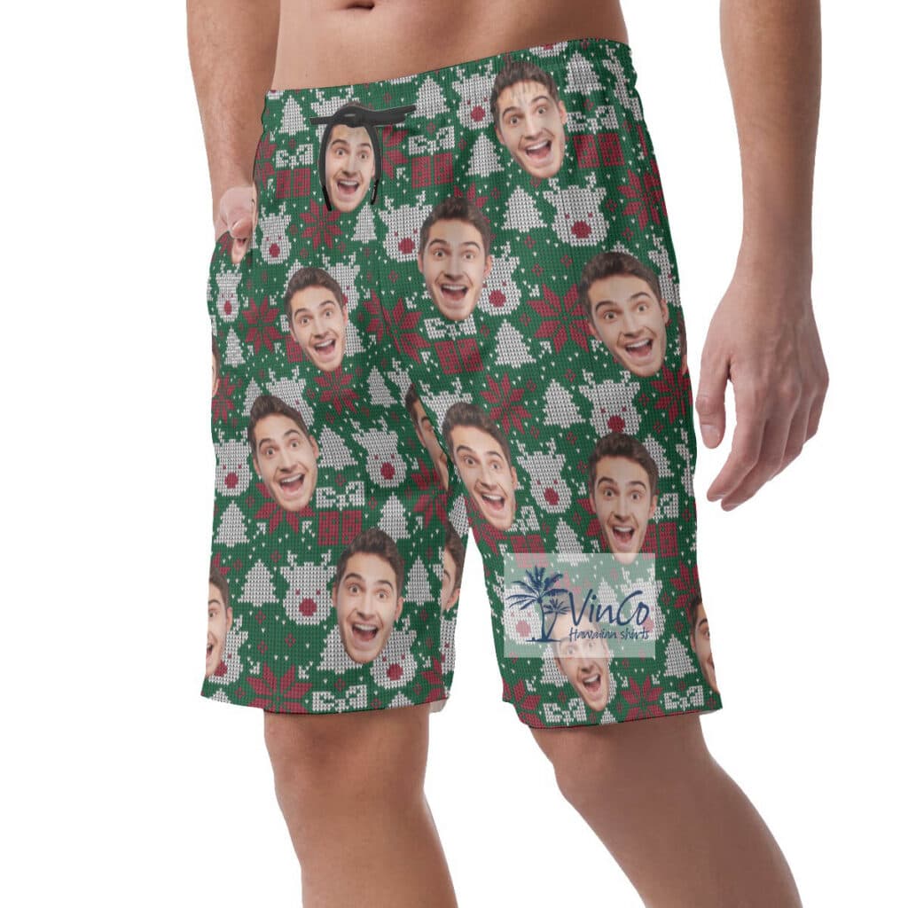 Custom Christmas Ugly Hawaiian Beach Shorts With Face