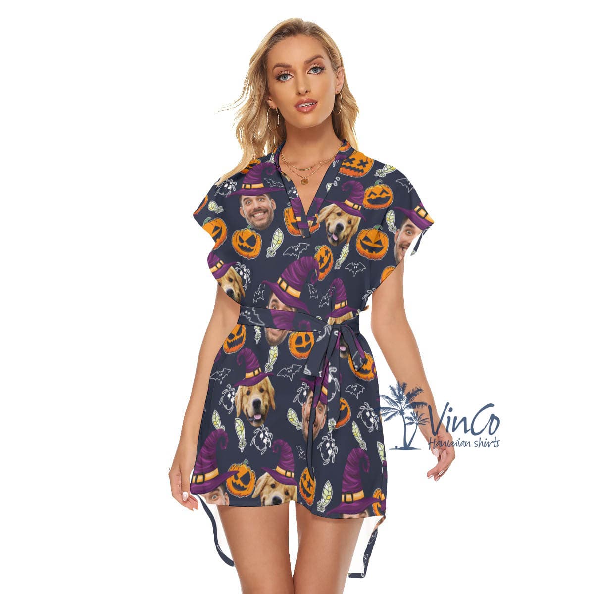 Custom Couple Faces Halloween Hawaiian Dress For Women (2)