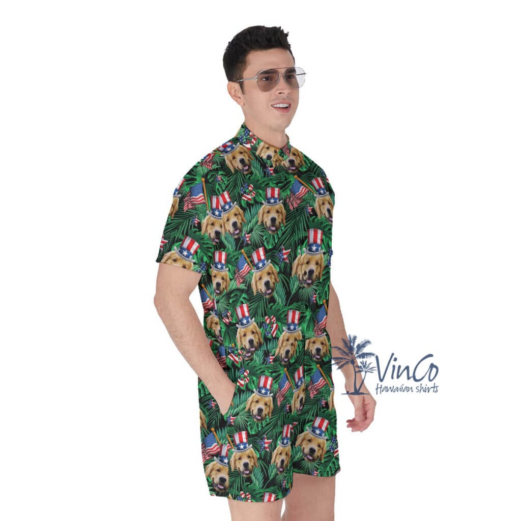 Custom Dog Face 4th Of July Tropical Hawaiian Romper For Men