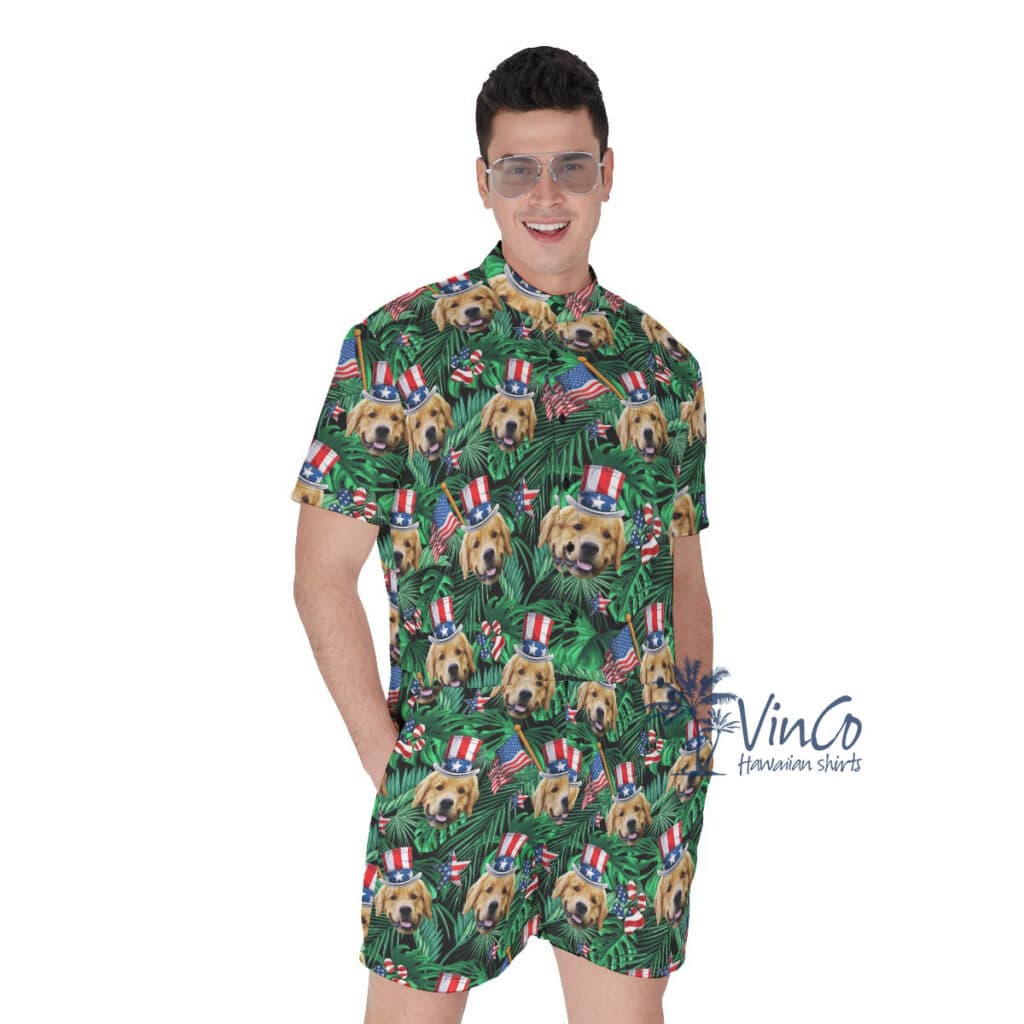 Custom Dog Face 4th Of July Tropical Hawaiian Romper For Men
