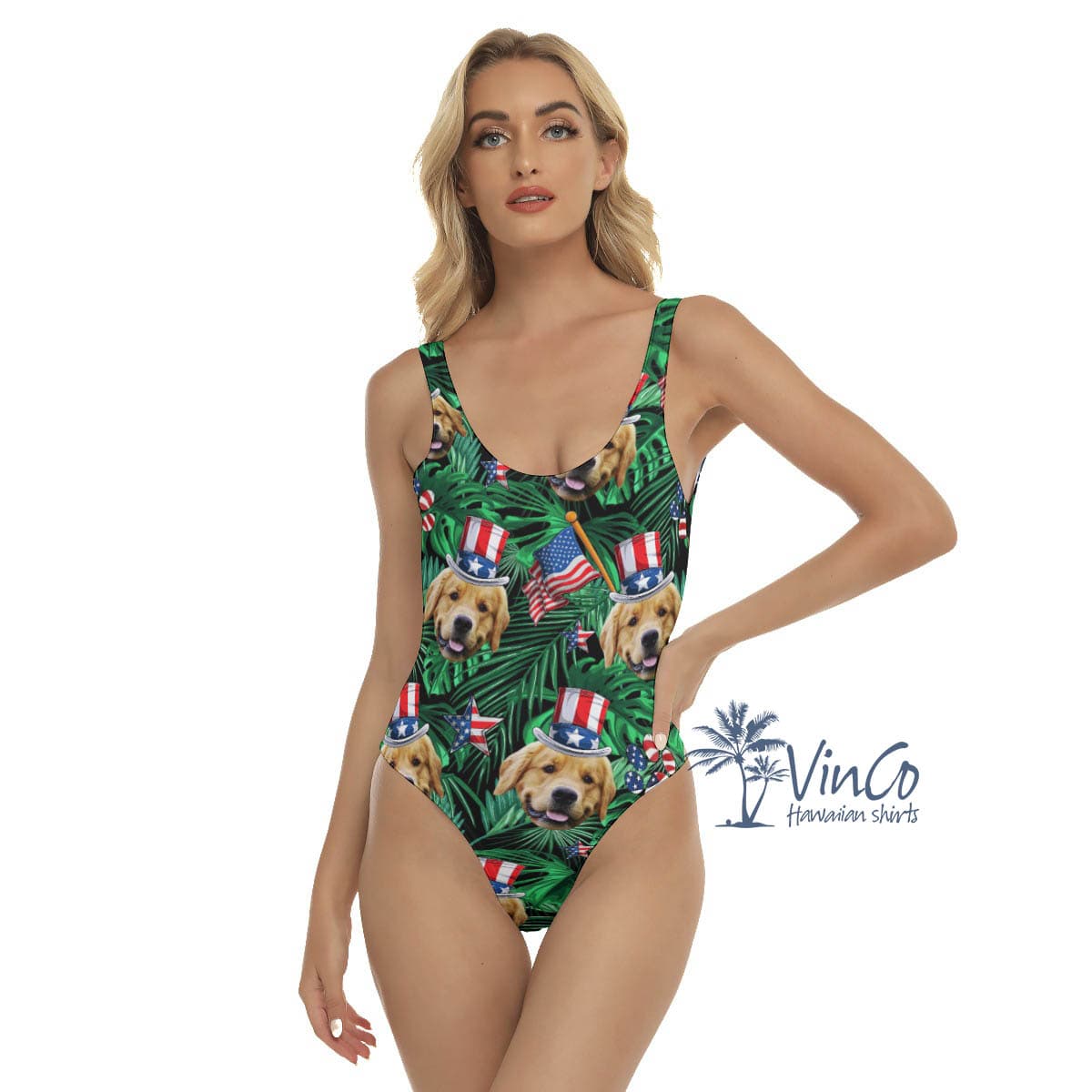 Custom Dog Face 4th Of July Tropical Hawaiian Swimsuit For Women (4)