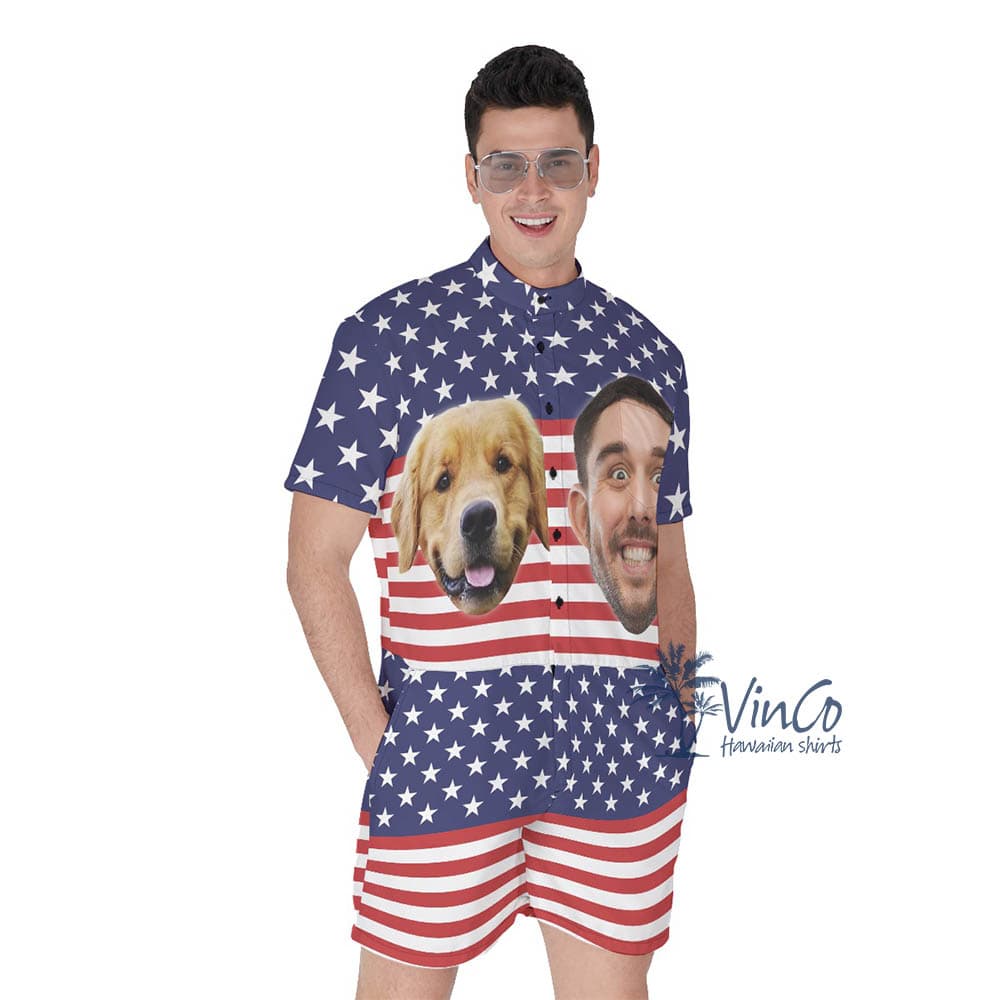 Custom Dog Face American Flag Romper For Men (4)