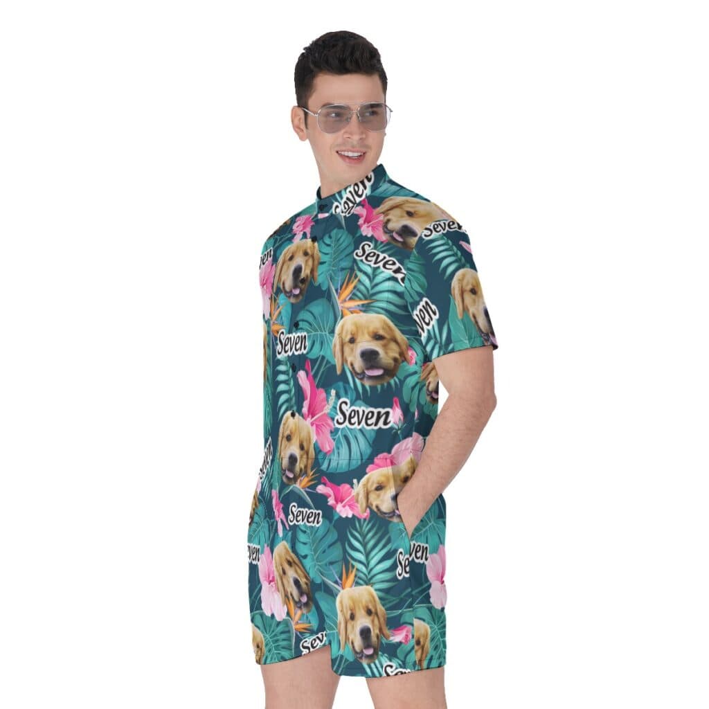 Custom Dog Face And Name Floral Hawaiiam Romper For Men