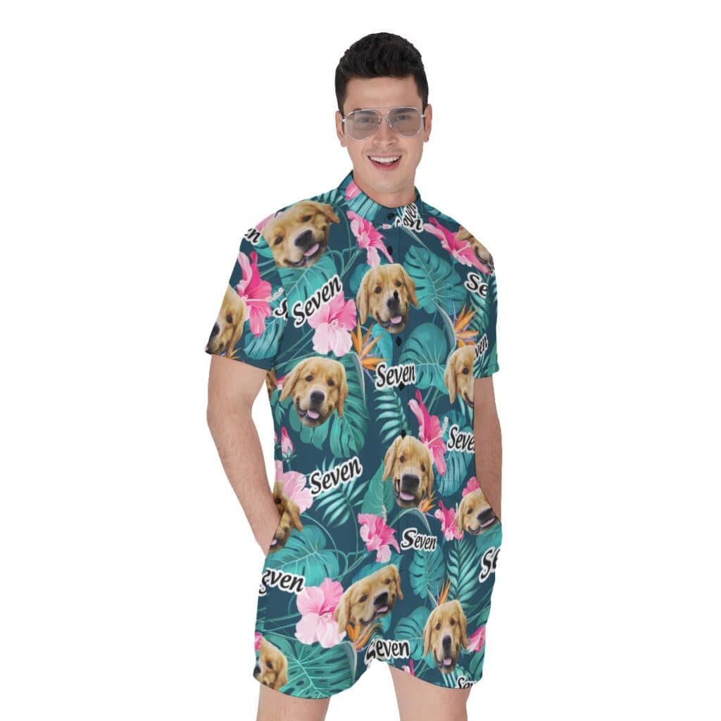 Custom Dog Face And Name Floral Hawaiiam Romper For Men