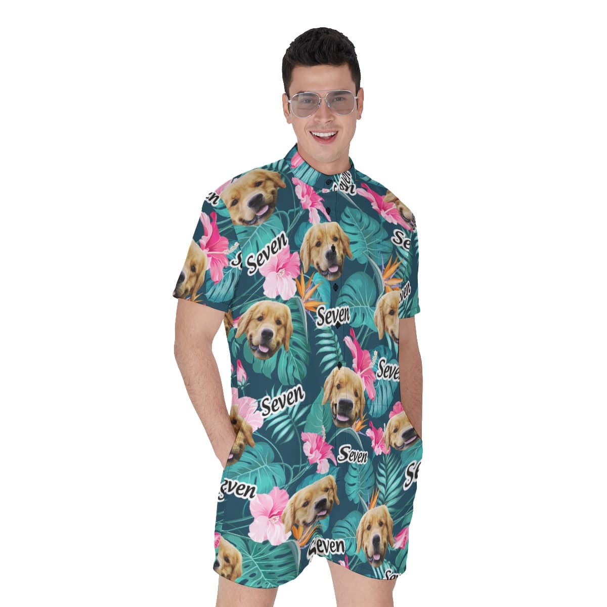 Custom Dog Face And Name Floral Hawaiiam Romper For Men