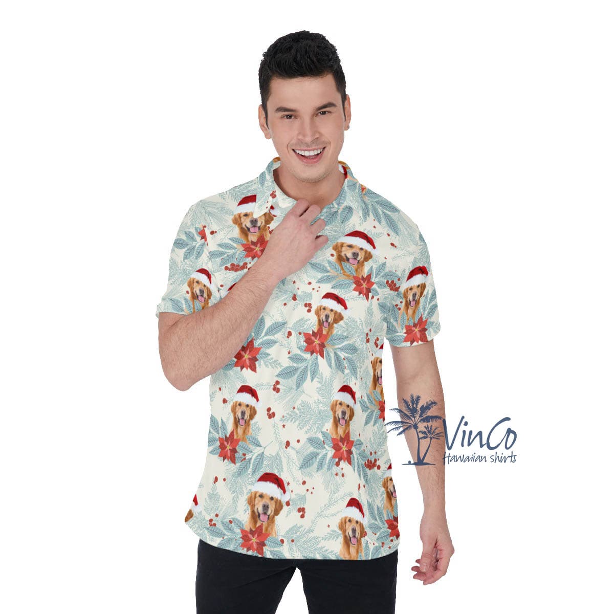 Custom Dog Face Christmas Hawaiian Polo Shirt For Men (1)