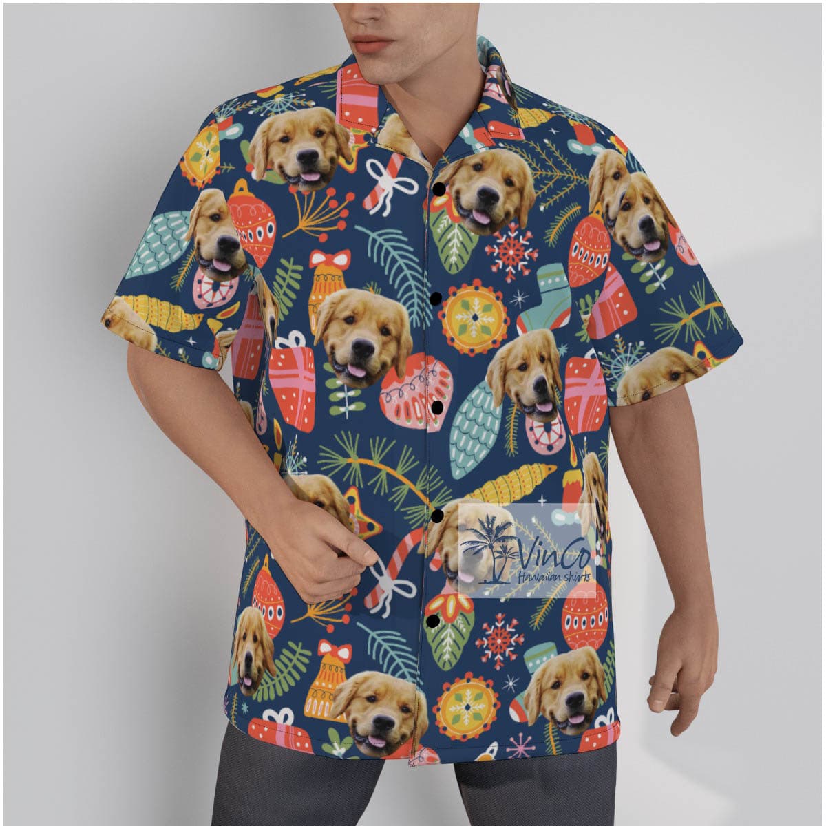 Custom Dog Face Christmas Hawaiian Shirt With Decorative Patterns