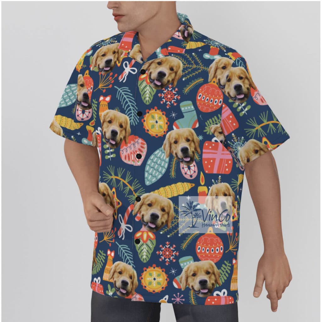 Custom Dog Face Christmas Hawaiian Shirt With Decorative Patterns