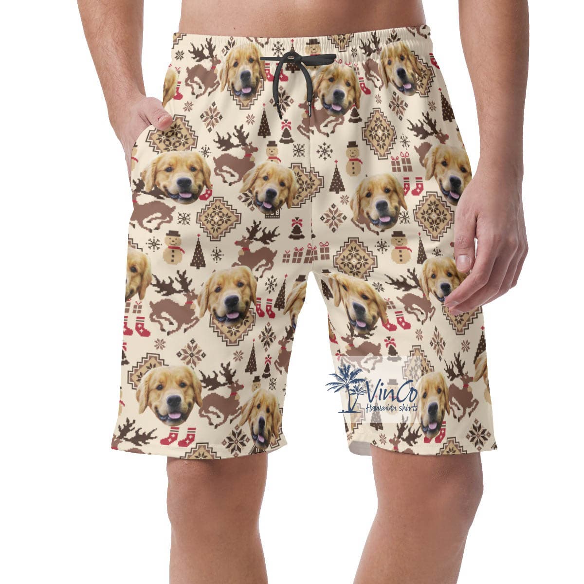 Custom Dog Face Christmas Reindeer And Snowman Hawaiian Beach Shorts