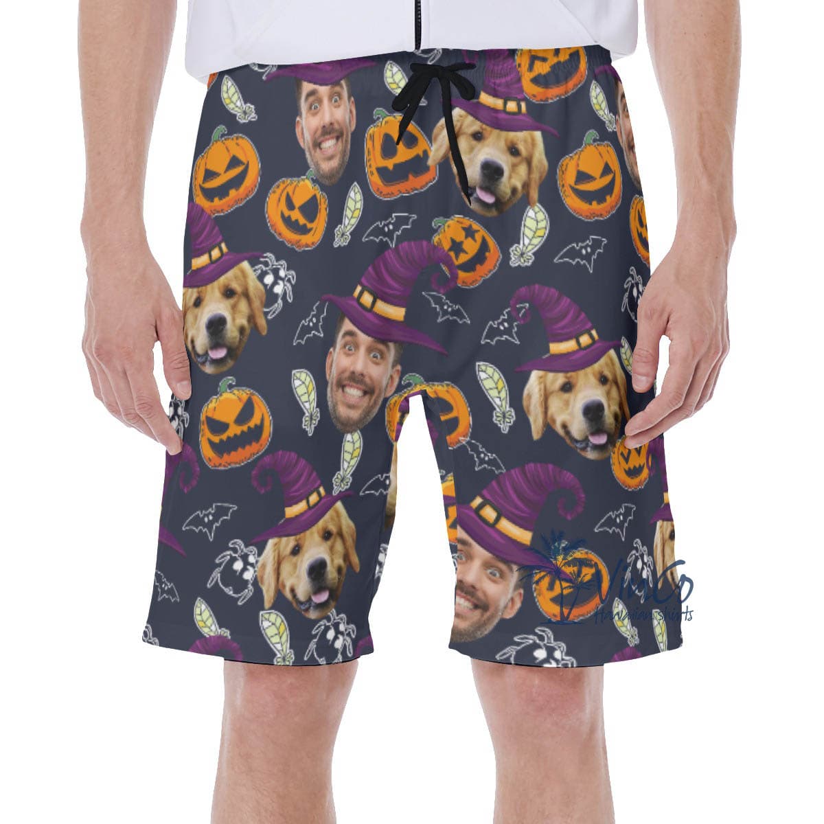 Custom Dog Face Halloween Witches Men’s Hawaiian Shorts For Summer (4)