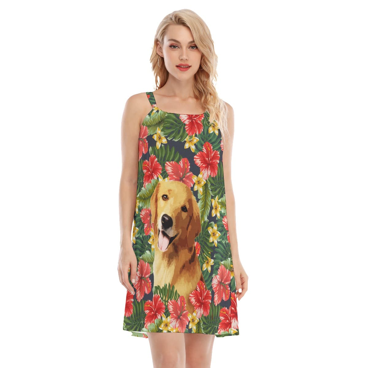 Custom Dog Face Hand-Painted Floral Hawaiian Dress For Women (4)