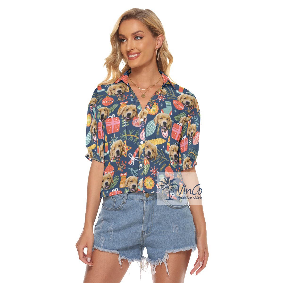Custom Dog Face Hawaiian Christmas Crop Top Shirt For Women