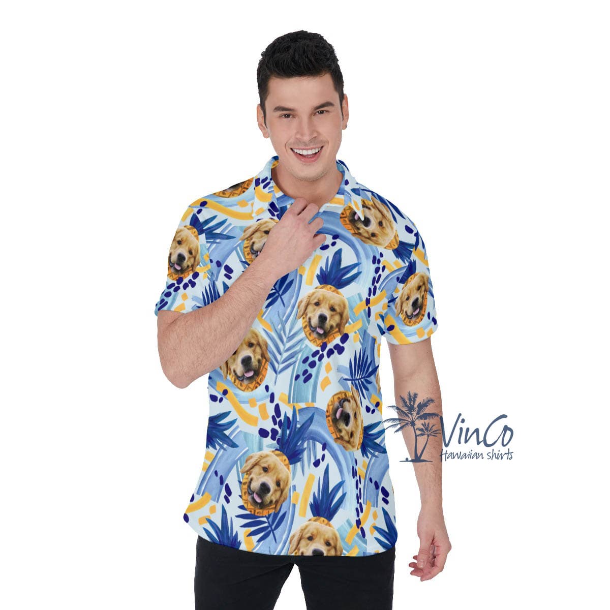 Custom Dog Face Hawaiian Polo Shirt With Pineapples (2)