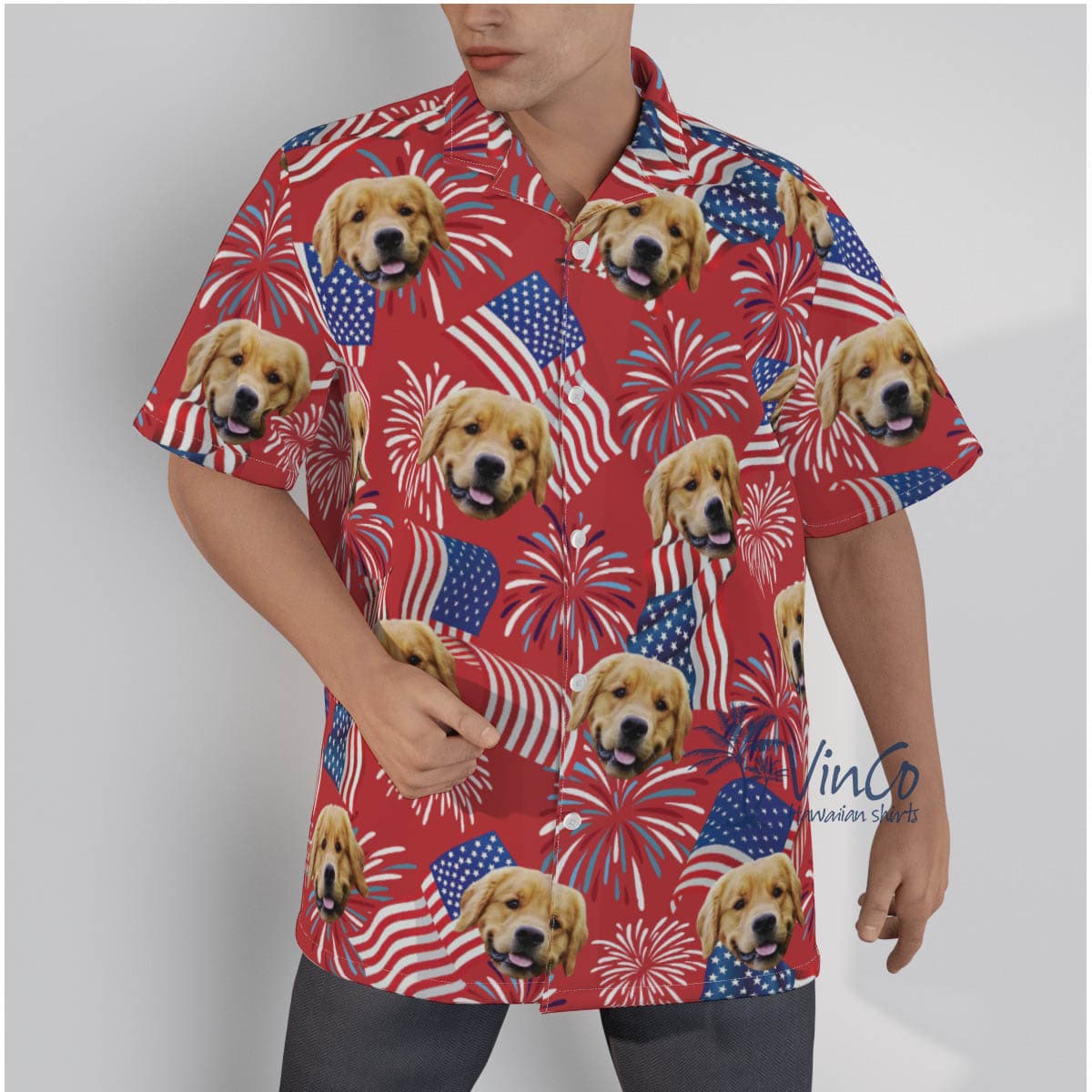 Custom Dog Face Patriotic Button Hawaiian Shirt For Men (3)