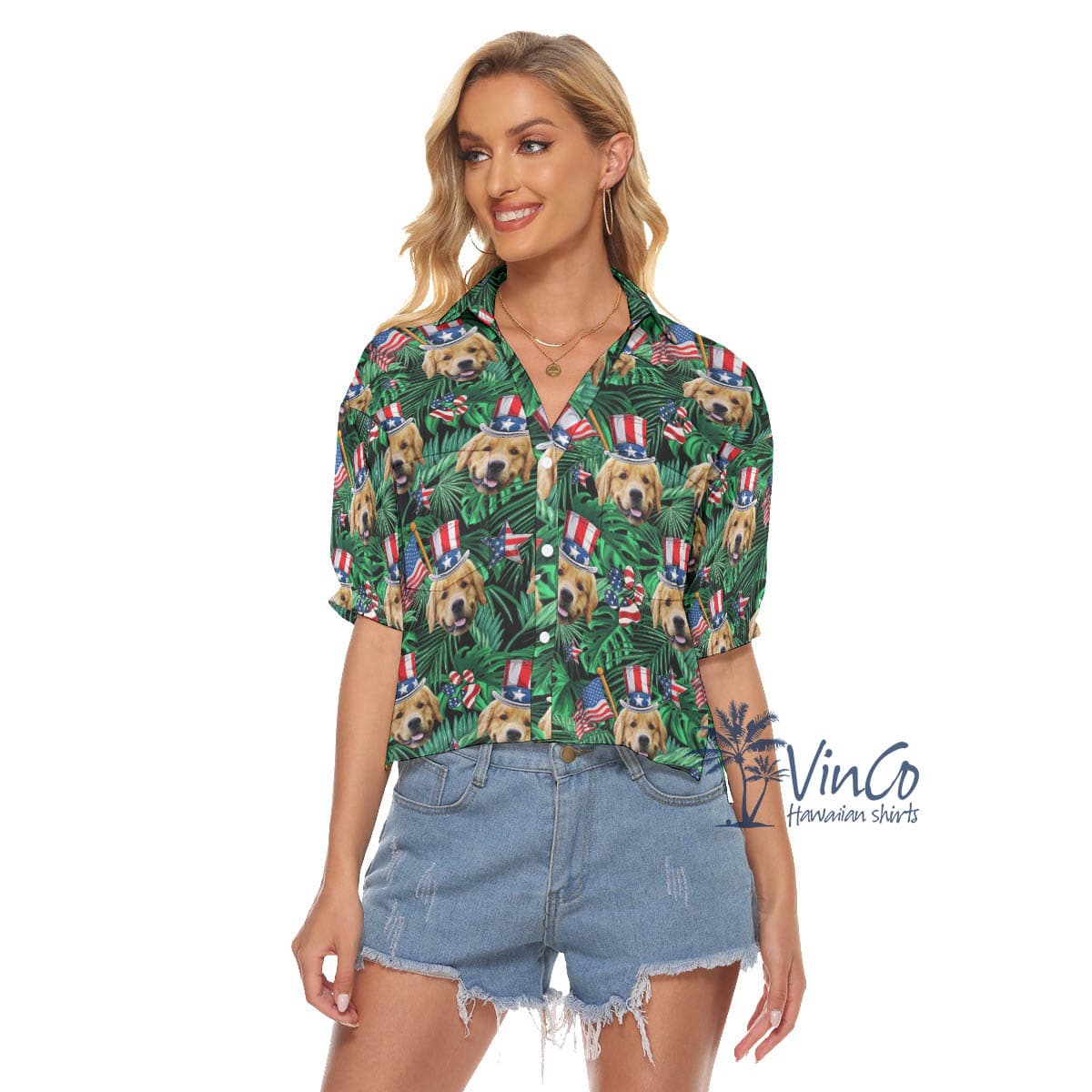 Custom Dog Face Patriotics Tropical Hawaiian Crop Top Shirt For Women (4)