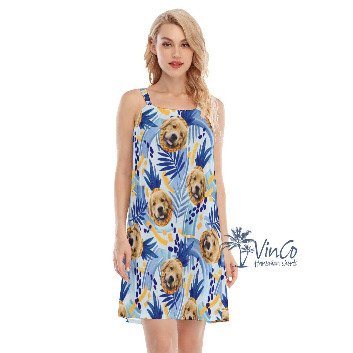 Custom Dog Face Pineapple Aloha Cami Dress For Summer (4)