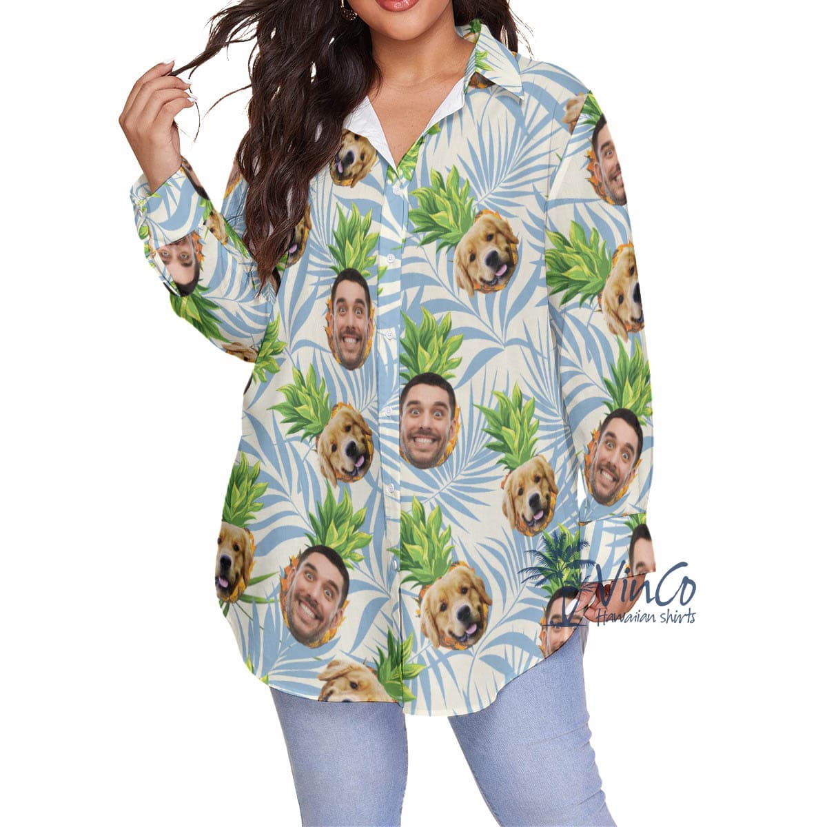 Custom Dog Face Pineapple Oversize Hawaiian Shirt For Women (2)