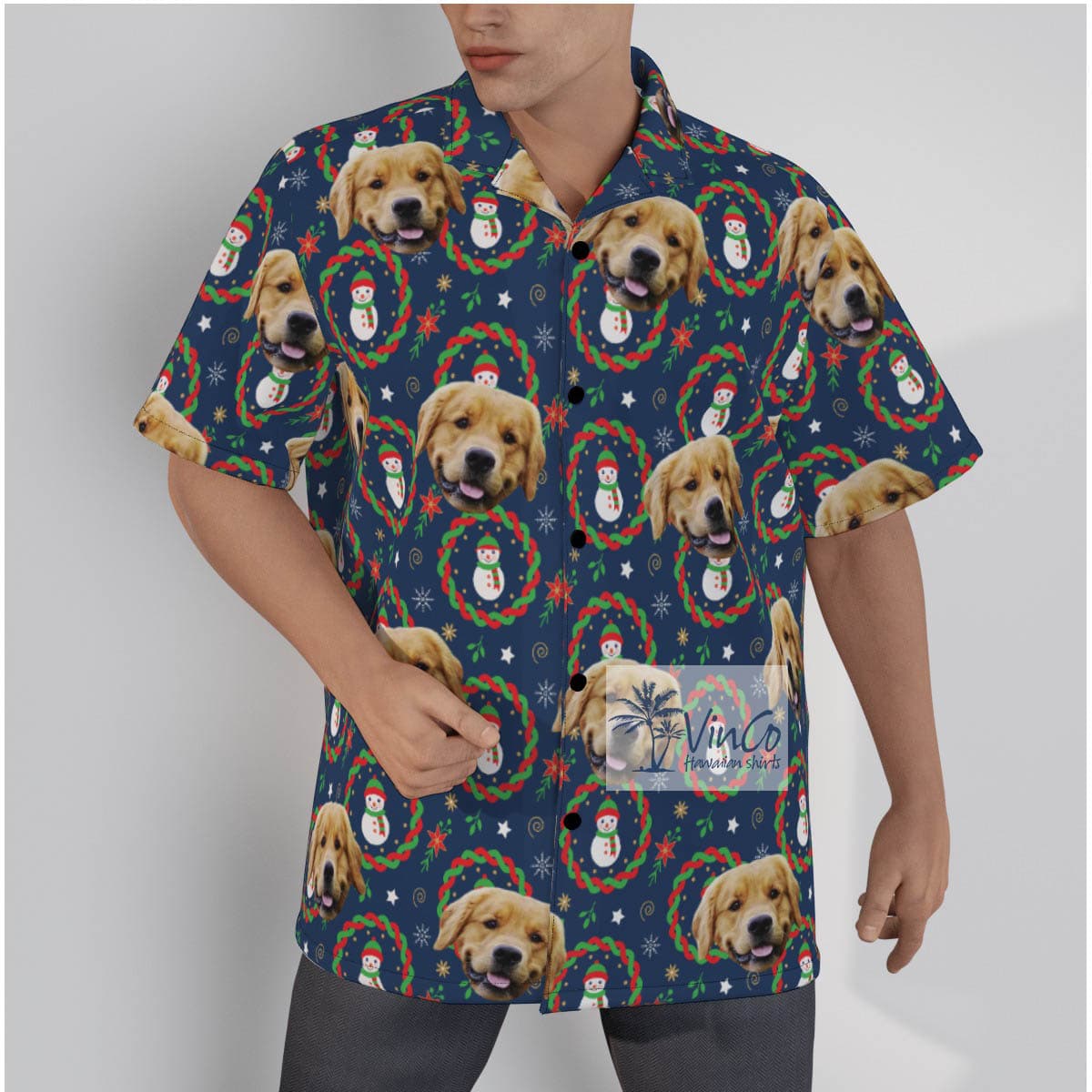Custom Dog Face Snowman Christmas Navy Hawaiian Shirt