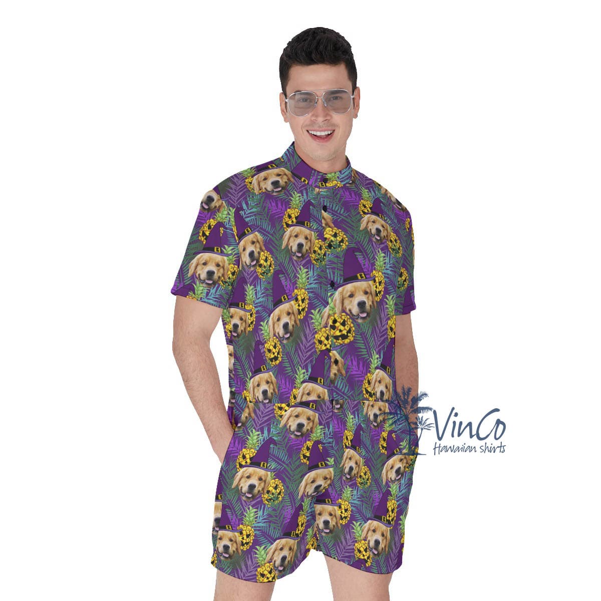 Custom Dog Photo Halloween Hawaiian Romper For Men (3)