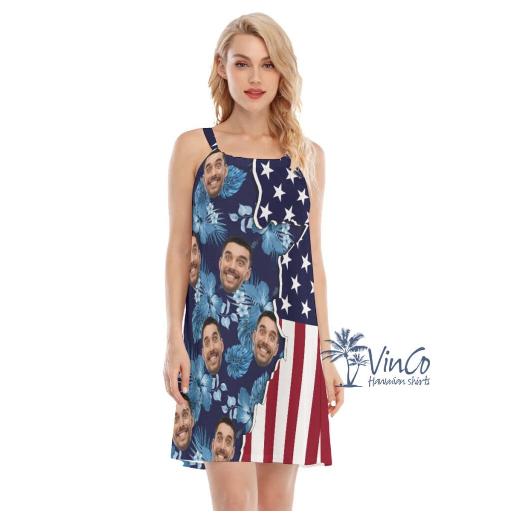 Custom Face American Flag Hibiscus Cami Dress For Women (2)